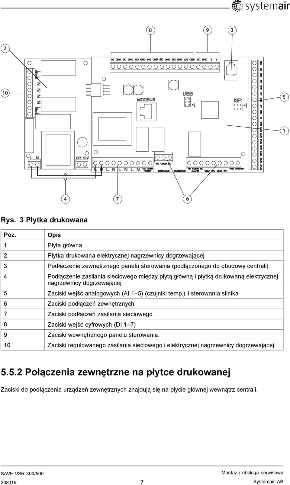 płytą główną i płytką drukowaną elektrycznej nagrzewnicy dogrzewającej 5 Zaciski wejść analogowych (AI 1 5) (czujniki temp.