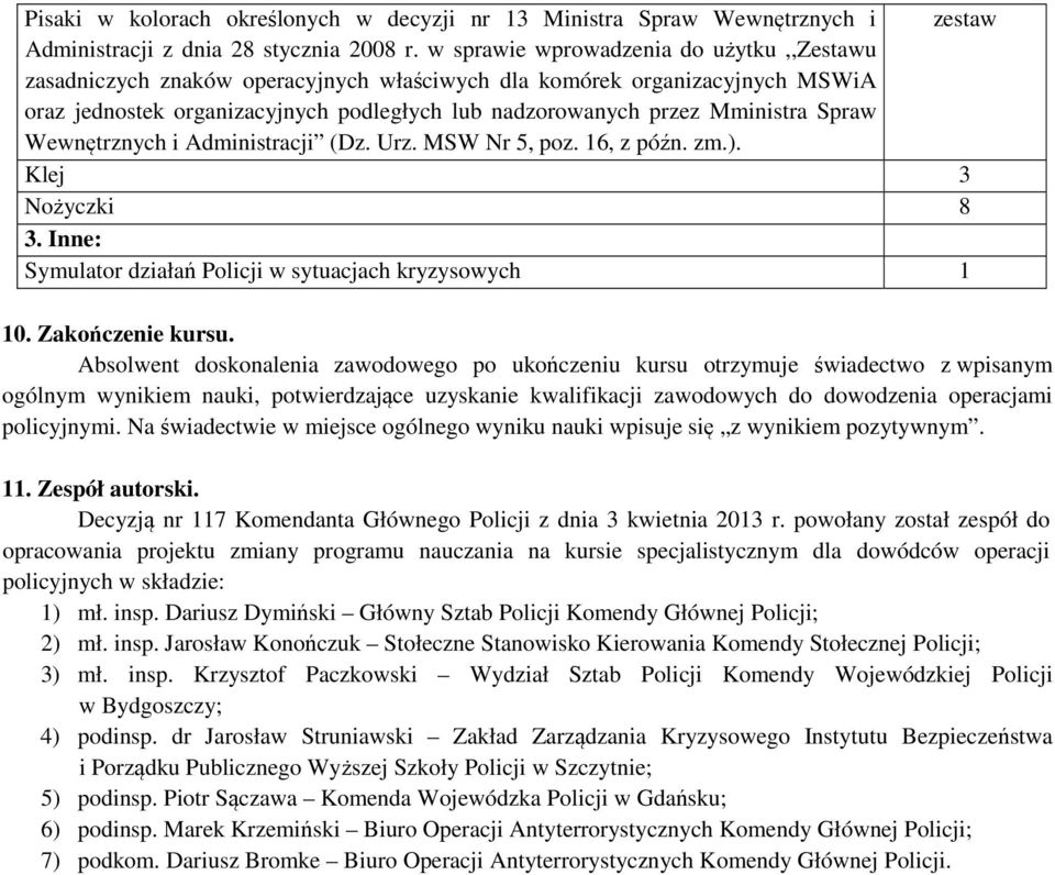 Spraw Wewnętrznych i Administracji (Dz. Urz. MSW Nr 5, poz. 16, z późn. zm.). Klej 3 Nożyczki 8 3. Inne: Symulator działań Policji w sytuacjach kryzysowych 1 10. Zakończenie kursu.