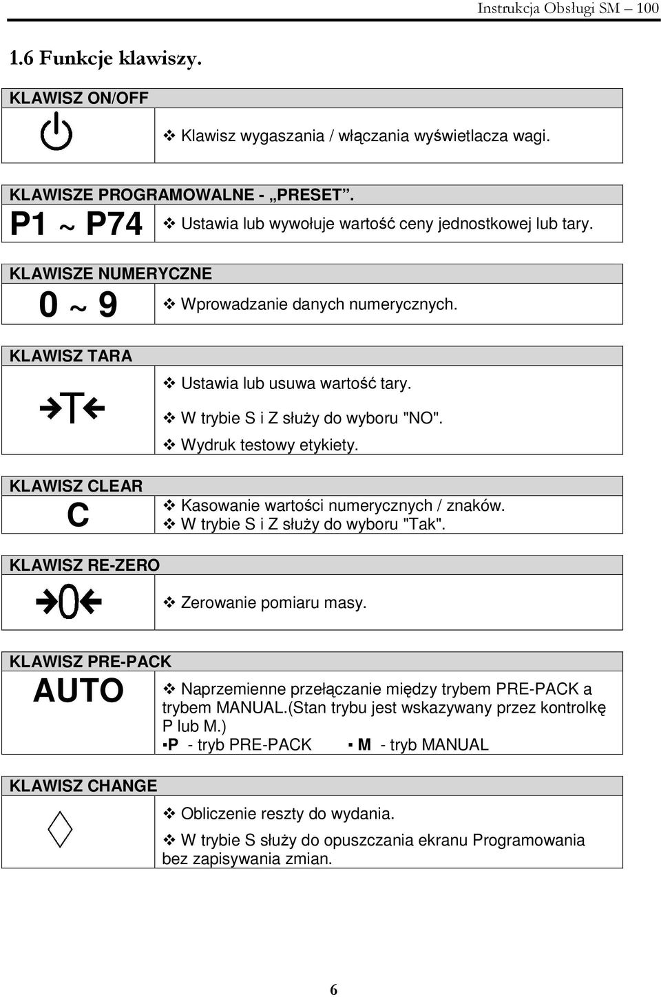 Wprowadzanie danych numerycznych. Ustawia lub usuwa warto tary. W trybie S i Z słuy do wyboru "NO". Wydruk testowy etykiety. Kasowanie wartoci numerycznych / znaków.