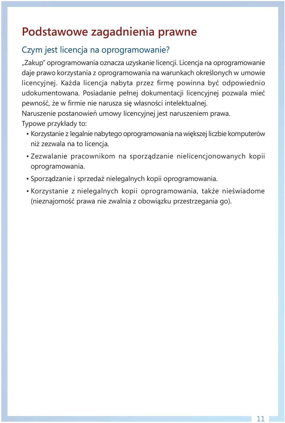 Posiadanie pełnej dokumentacji licencyjnej pozwala mieć pewność, że w firmie nie narusza się własności intelektualnej. Naruszenie postanowień umowy licencyjnej jest naruszeniem prawa.