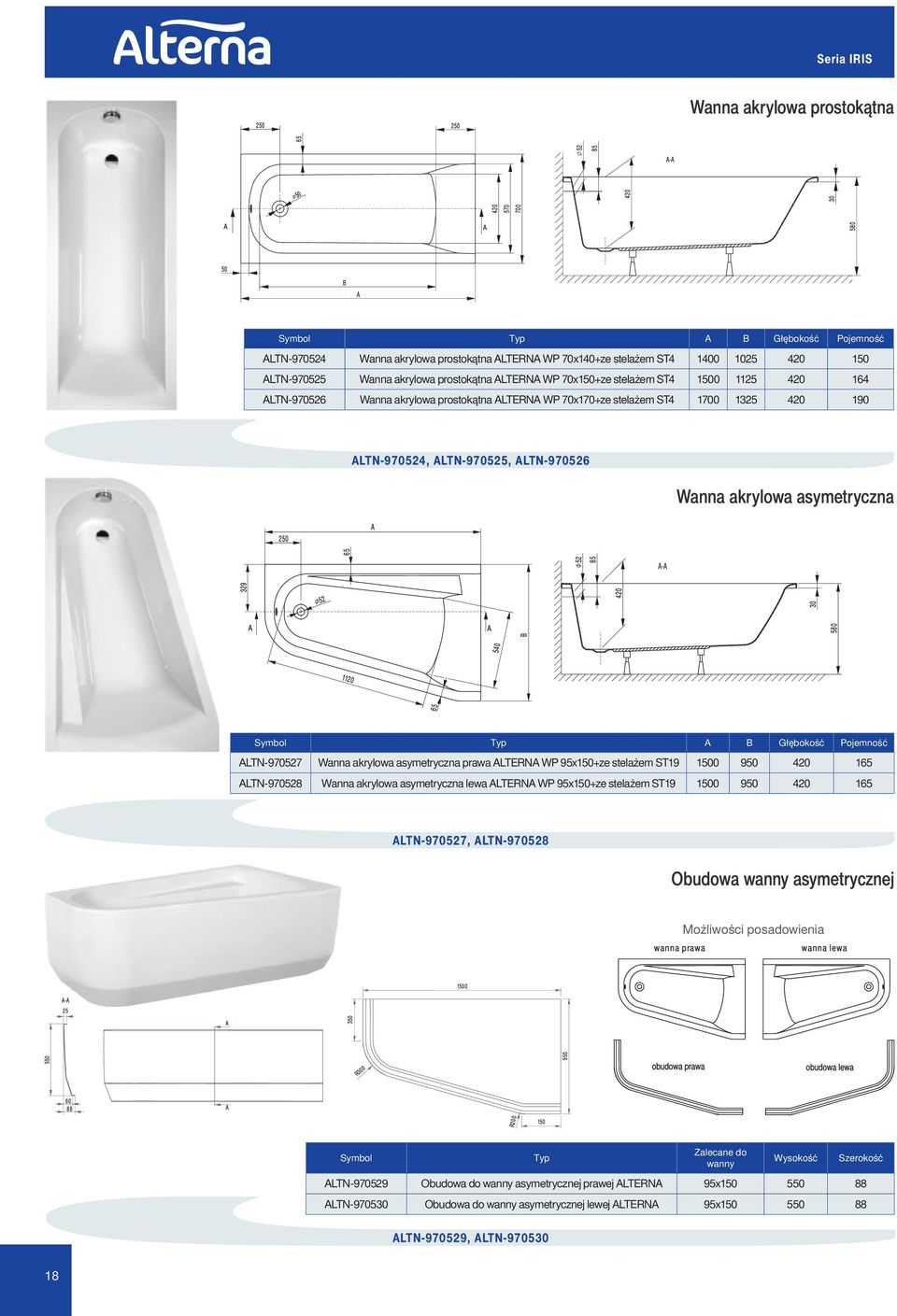 Typ A B Głębokość Pojemność ALTN-970527 Wanna akrylowa asymetryczna prawa ALTERNA WP 95x150+ze stelażem ST19 1500 950 420 165 ALTN-970528 Wanna akrylowa asymetryczna lewa ALTERNA WP 95x150+ze
