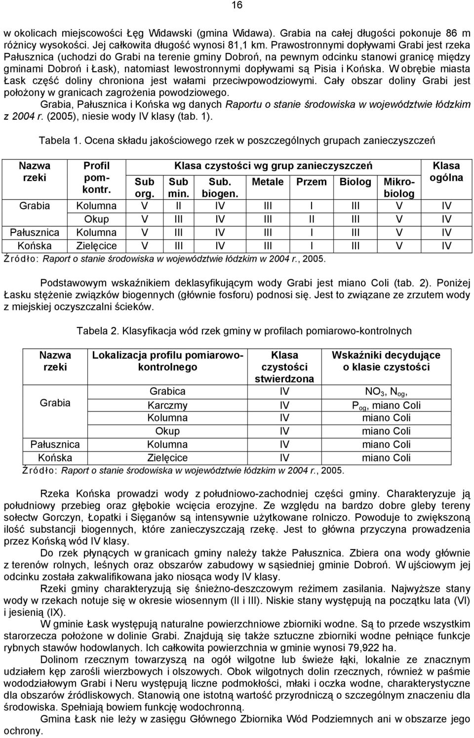 Pisia i Końska. W obrębie miasta Łask część doliny chroniona jest wałami przeciwpowodziowymi. Cały obszar doliny Grabi jest położony w granicach zagrożenia powodziowego.