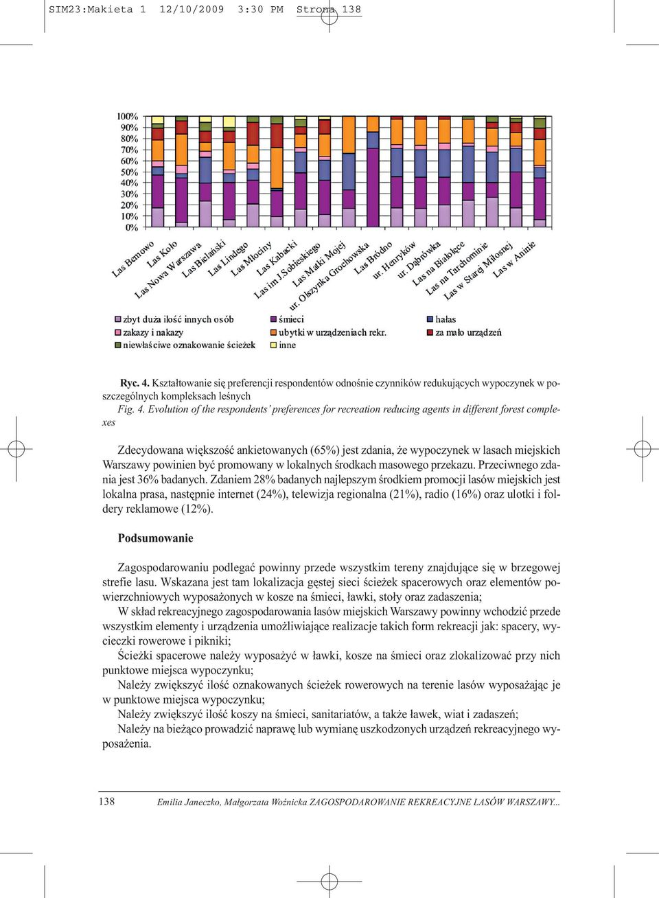 Evolution of the respondents preferences for recreation reducing agents in different forest complexes Zdecydowana większość ankietowanych (65%) jest zdania, że wypoczynek w lasach miejskich Warszawy