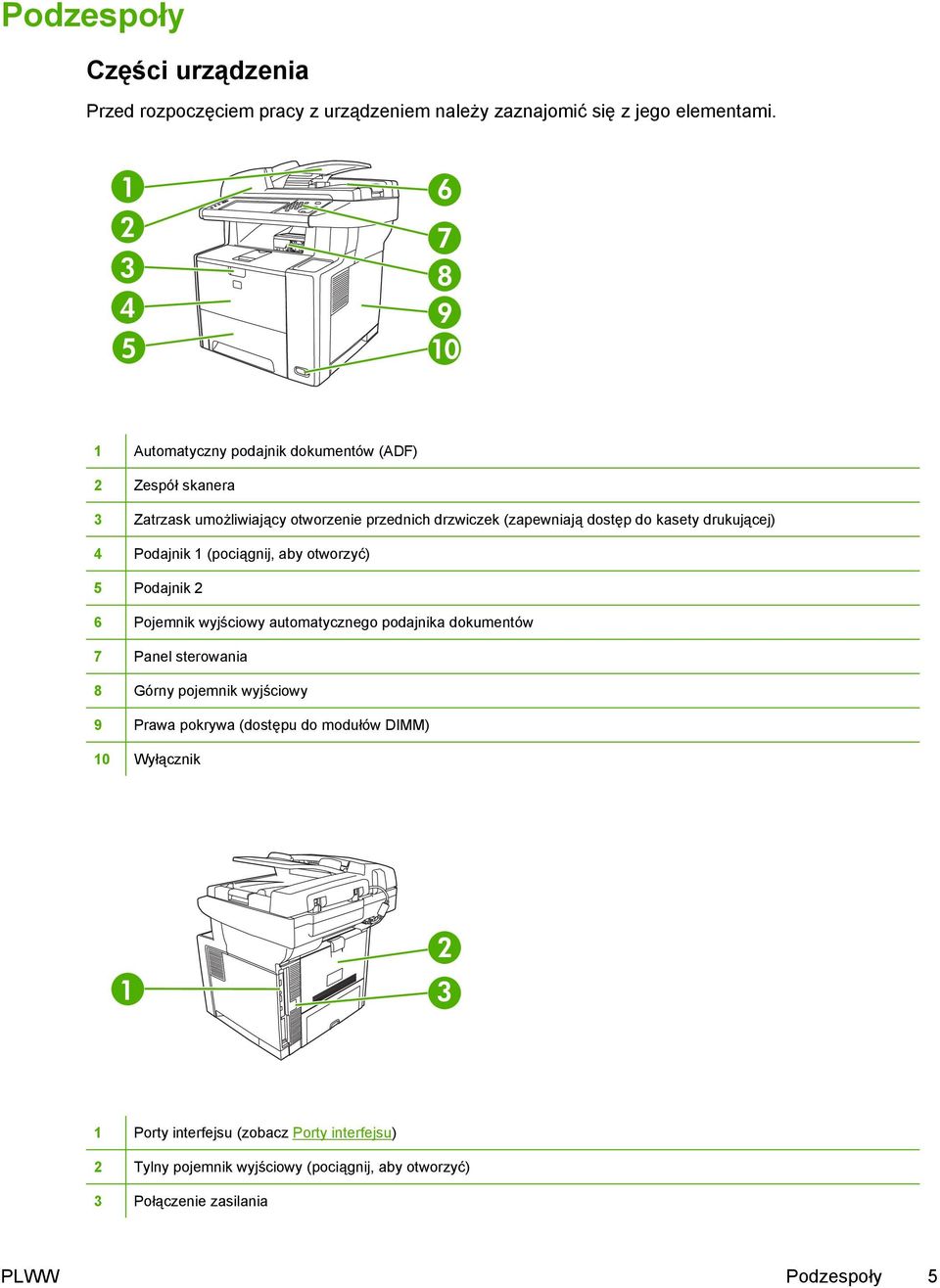 kasety drukującej) 4 Podajnik 1 (pociągnij, aby otworzyć) 5 Podajnik 2 6 Pojemnik wyjściowy automatycznego podajnika dokumentów 7 Panel sterowania 8 Górny