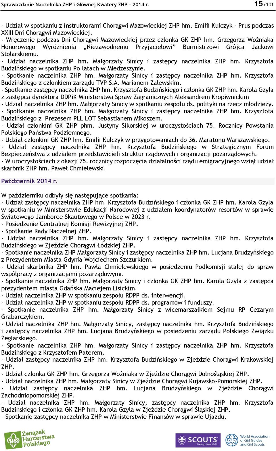 - Udział naczelnika ZHP hm. Małgorzaty Sinicy i zastępcy naczelnika ZHP hm. Krzysztofa Budzińskiego w spotkaniu Po latach w Miedzeszynie. - Spotkanie naczelnika ZHP hm.