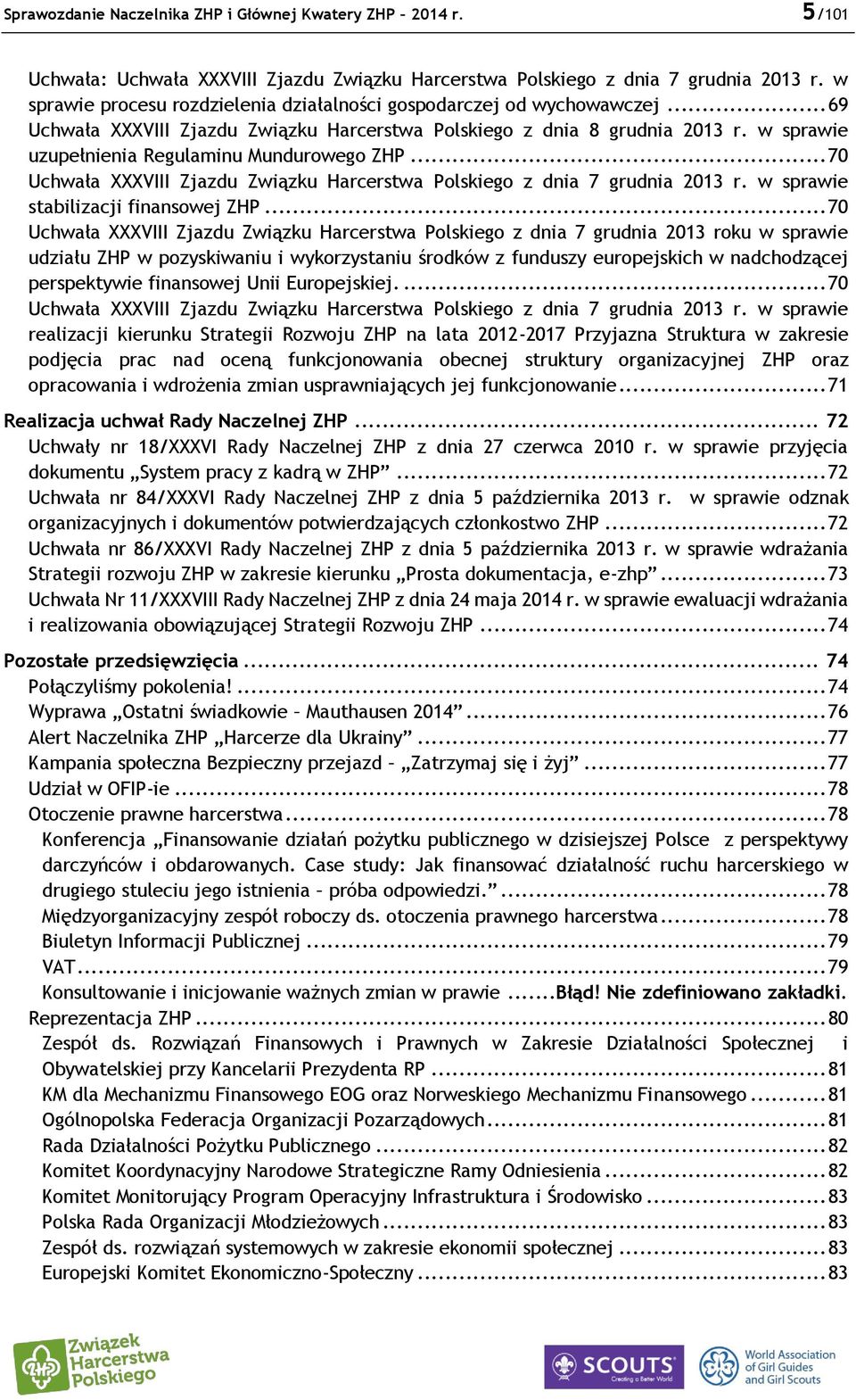 w sprawie uzupełnienia Regulaminu Mundurowego ZHP... 70 Uchwała XXXVIII Zjazdu Związku Harcerstwa Polskiego z dnia 7 grudnia 2013 r. w sprawie stabilizacji finansowej ZHP.