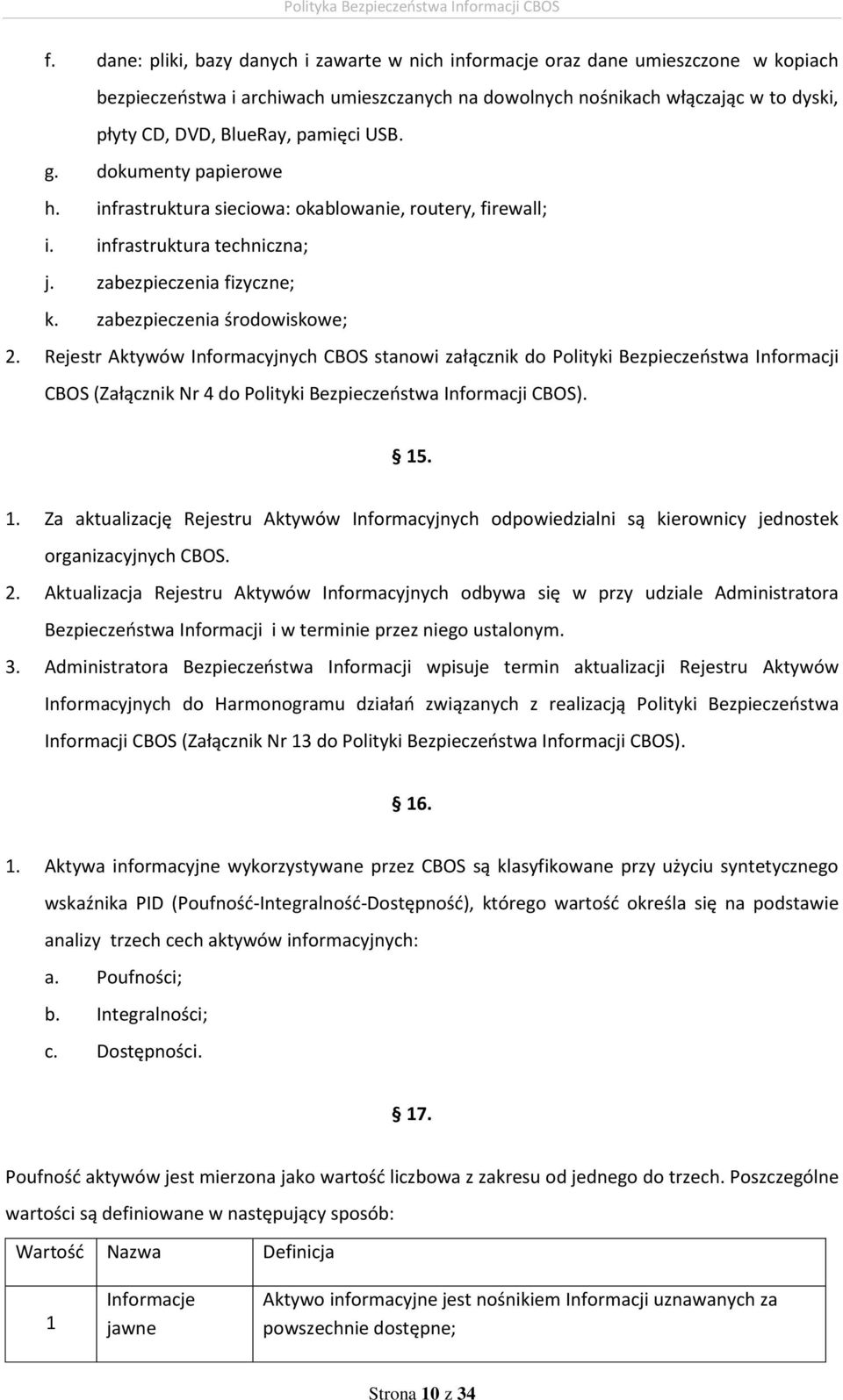 Rejestr Aktywów Informacyjnych CBOS stanowi załącznik do Polityki Bezpieczeństwa Informacji CBOS (Załącznik Nr 4 do Polityki Bezpieczeństwa Informacji CBOS). 15