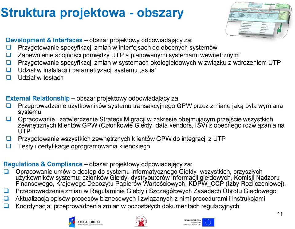 Relationship obszar projektowy odpowiadający za: Przeprowadzenie użytkowników systemu transakcyjnego GPW przez zmianę jaką była wymiana systemu Opracowanie i zatwierdzenie Strategii Migracji w