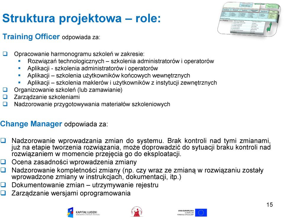 Zarządzanie szkoleniami Nadzorowanie przygotowywania materiałów szkoleniowych Change Manager odpowiada za: Nadzorowanie wprowadzania zmian do systemu.