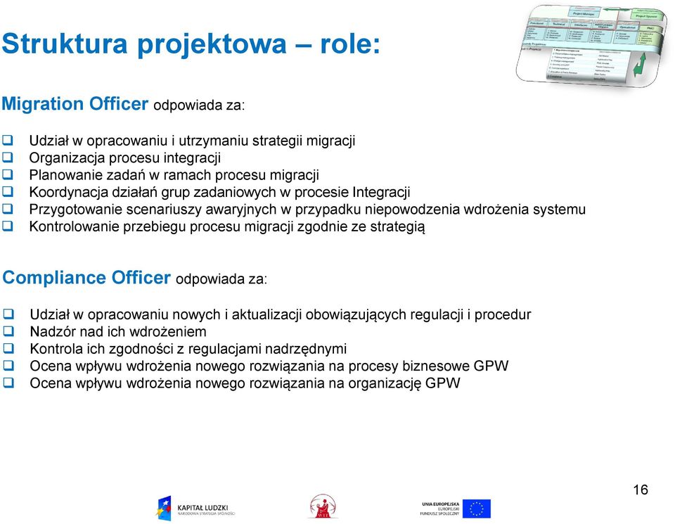 procesu migracji zgodnie ze strategią Compliance Officer odpowiada za: Udział w opracowaniu nowych i aktualizacji obowiązujących regulacji i procedur Nadzór nad ich wdrożeniem