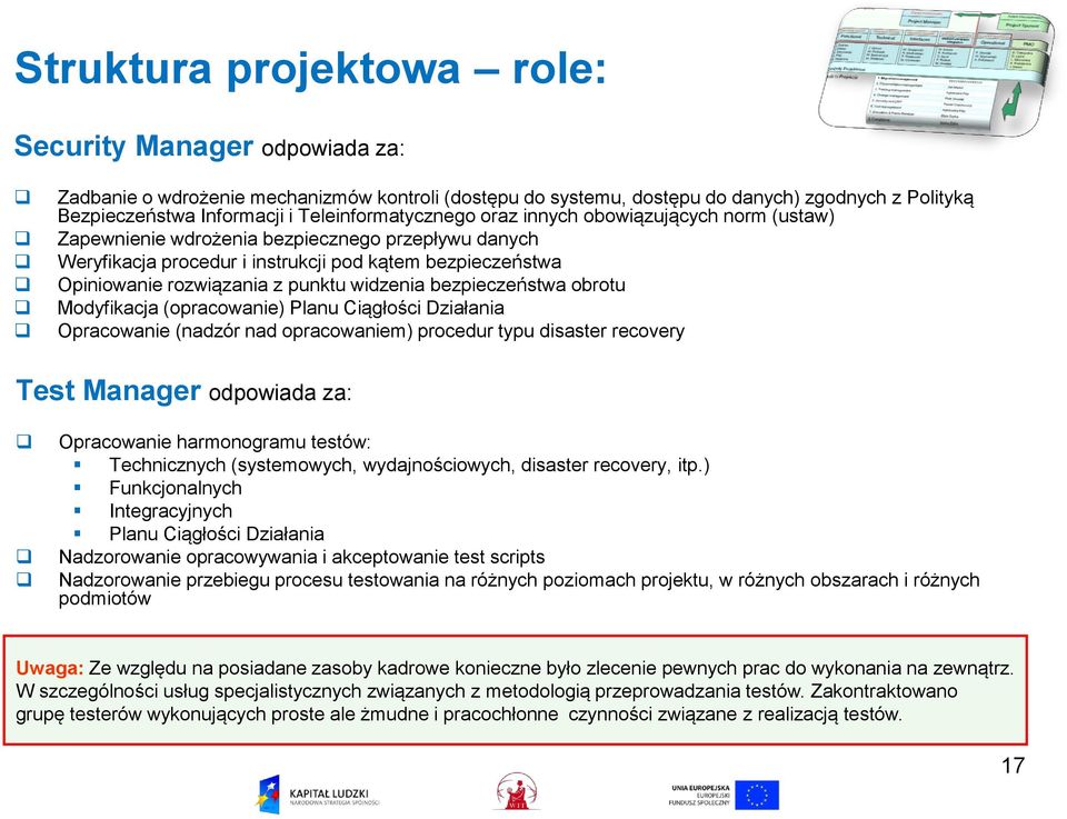 punktu widzenia bezpieczeństwa obrotu Modyfikacja (opracowanie) Planu Ciągłości Działania Opracowanie (nadzór nad opracowaniem) procedur typu disaster recovery Test Manager odpowiada za: Opracowanie