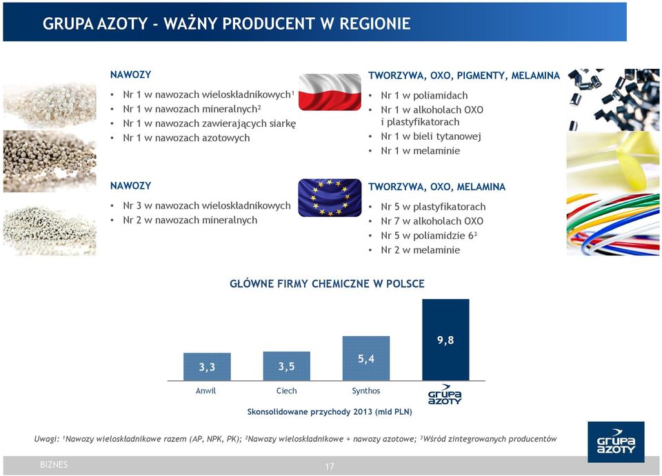 nawozach mineralnych TWORZYWA, OXO, MELAMINA Nr 5 w plastyfikatorach Nr 7 w alkoholach OXO Nr 5 w poliamidzie 6³ Nr 2 w melaminie GŁÓWNE FIRMY CHEMICZNE W POLSCE 9,8 3,3 3,5 5,4 Anwil