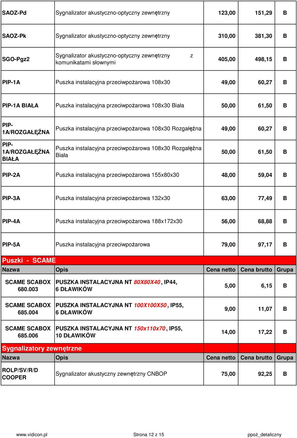 przeciwpożarowa 108x30 Rozgałęźna 49,00 60,27 PIP- 1A/ROZGAŁĘŹNA IAŁA Puszka instalacyjna przeciwpożarowa 108x30 Rozgałęźna iała 50,00 61,50 PIP-2A Puszka instalacyjna przeciwpożarowa 155x80x30 48,00