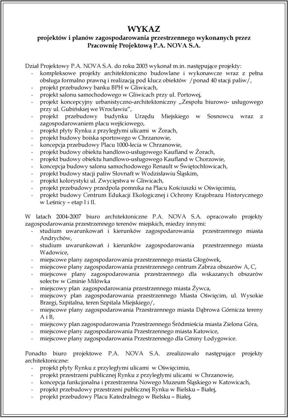 banku BPH w Gliwicach, - projekt salonu samochodowego w Gliwicach przy ul. Portowej, - projekt koncepcyjny urbanistyczno-architektoniczny Zespołu biurowo- usługowego przy ul.