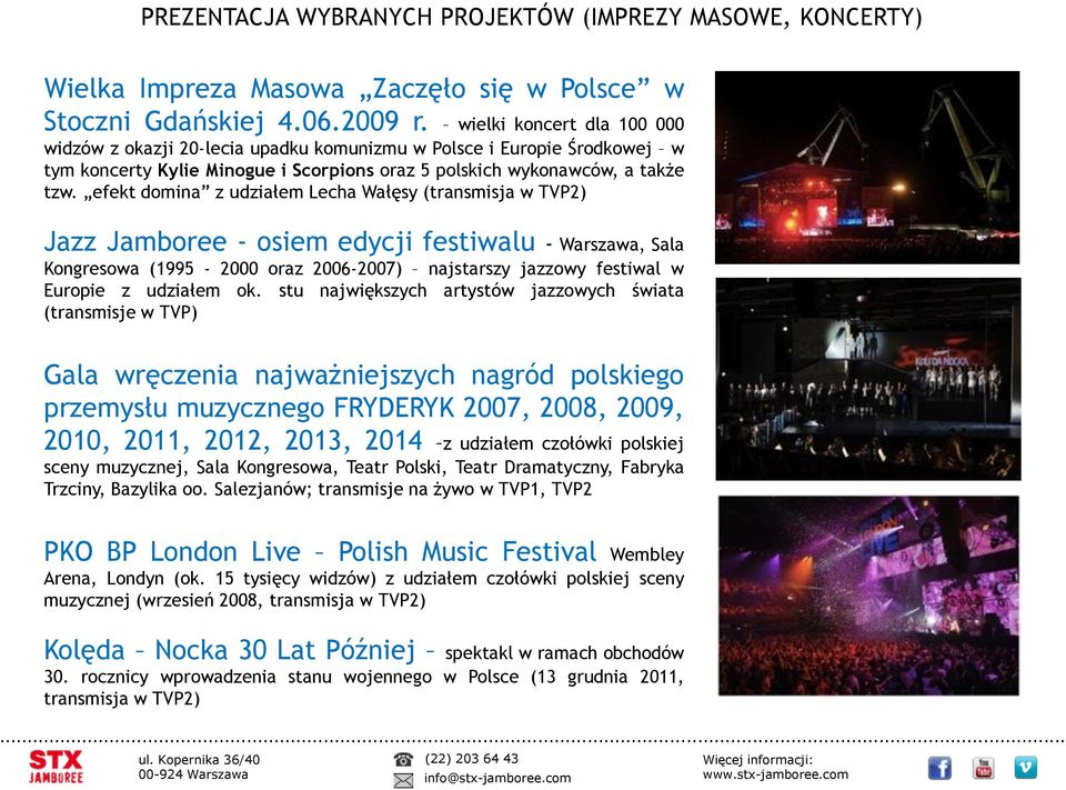 efekt domina z udziałem Lecha Wałęsy (transmisja w TVP2) Jazz Jamboree - osiem edycji festiwalu - Warszawa, Sala Kongresowa (1995-2000 oraz 2006-2007) najstarszy jazzowy festiwal w Europie z udziałem