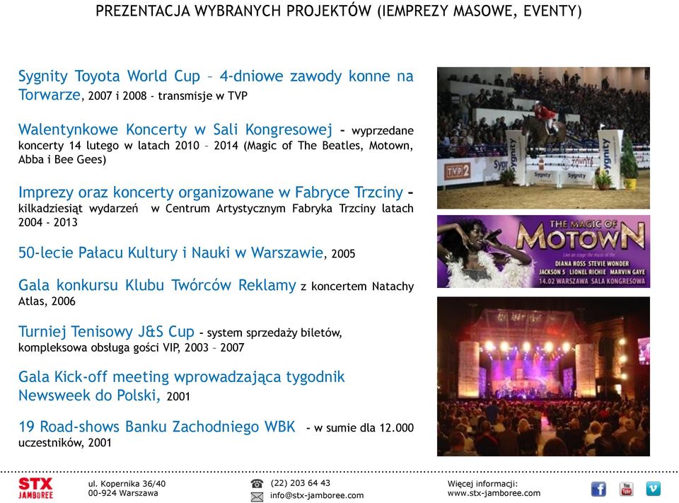 Artystycznym Fabryka Trzciny latach 50-lecie Pałacu Kultury i Nauki w Warszawie, 2005 Gala konkursu Klubu Twórców Reklamy z koncertem Natachy Atlas, 2006 Turniej Tenisowy J&S Cup system