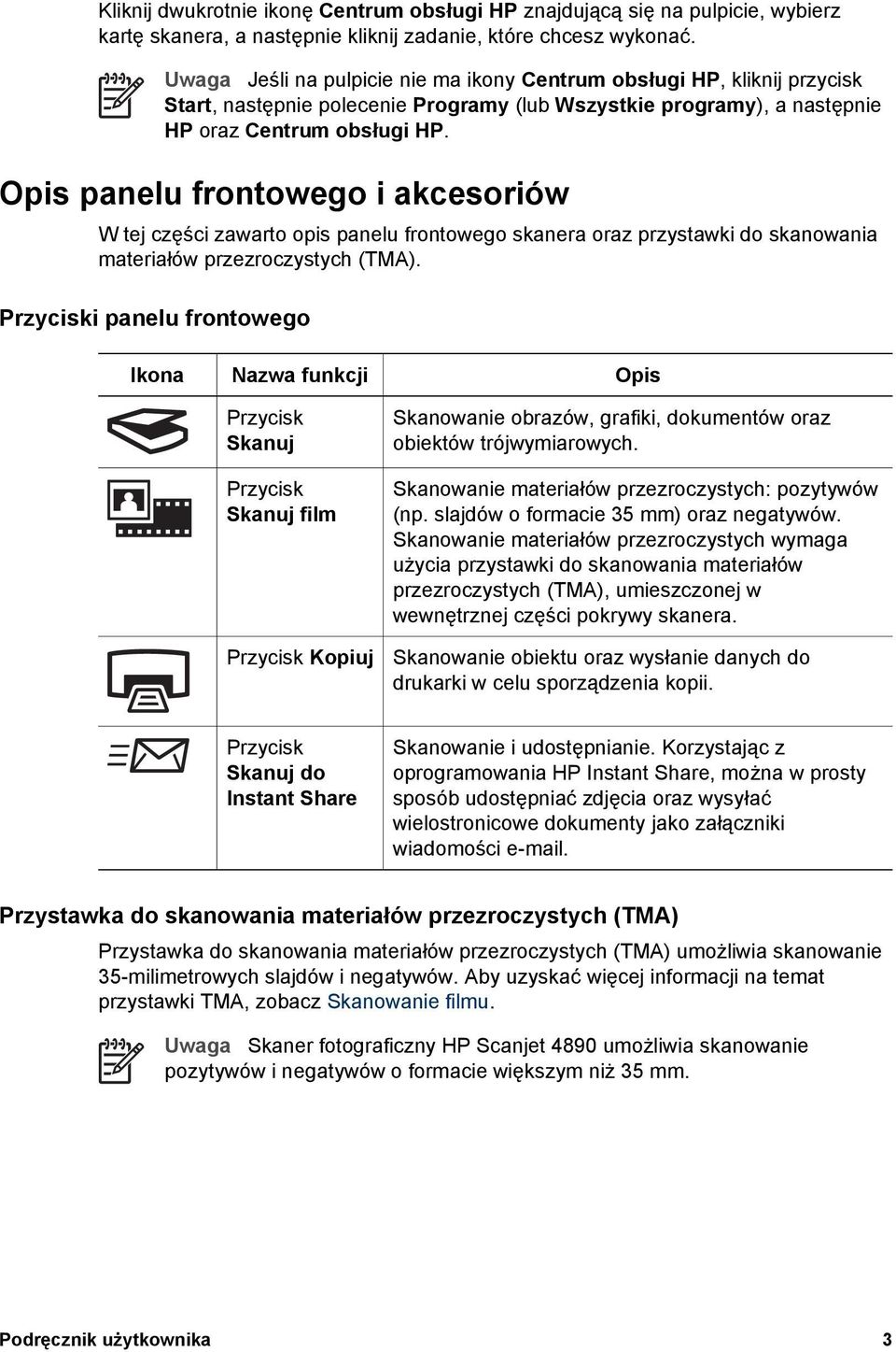 Opis panelu frontowego i akcesoriów W tej części zawarto opis panelu frontowego skanera oraz przystawki do skanowania materiałów przezroczystych (TMA).