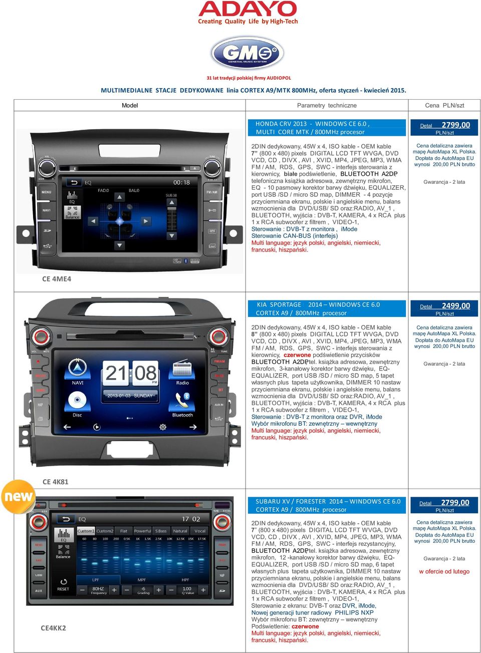 0, kierownicy, białe podświetlenie, BLUETOOTH A2DP, telefoniczna książka adresowa, zewnętrzny mikrofon, EQ - 10 pasmowy korektor barwy dźwięku, EQUALIZER, port USB /SD / micro SD map,