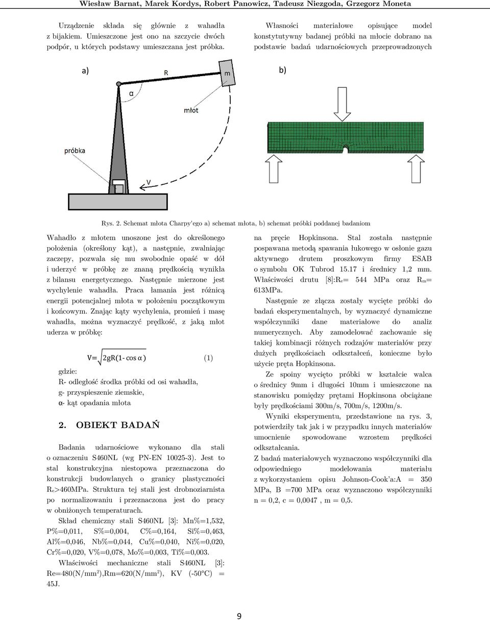 Własności materiałowe opisujące model konstytutywny badanej próbki na młocie dobrano na podstawie badań udarnościowych przeprowadzonych a) b) Rys. 2.