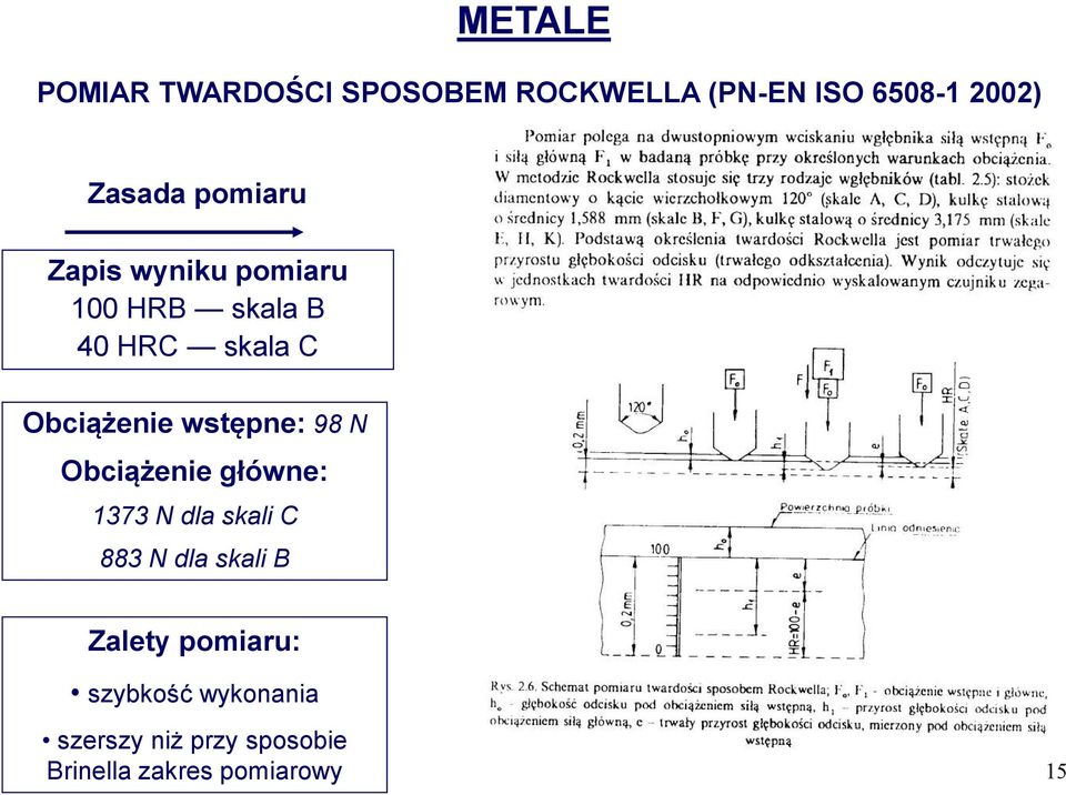 wstępne: 98 N Obciążenie główne: 1373 N dla skali C 883 N dla skali B