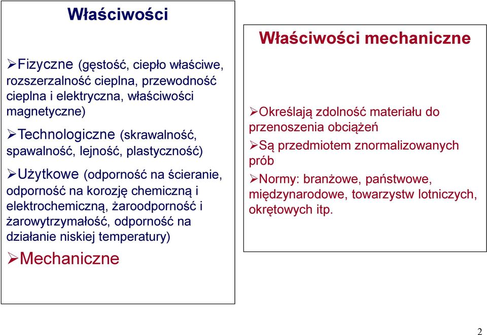 elektrochemiczną, żaroodporność i żarowytrzymałość, odporność na działanie niskiej temperatury) Mechaniczne Właściwości mechaniczne Określają