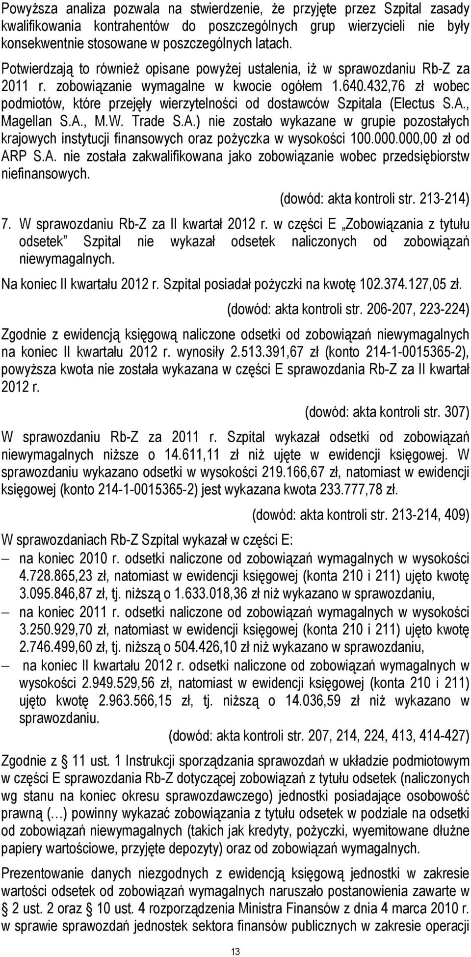 432,76 zł wobec podmiotów, które przejęły wierzytelności od dostawców Szpitala (Electus S.A., Magellan S.A., M.W. Trade S.A.) nie zostało wykazane w grupie pozostałych krajowych instytucji finansowych oraz pożyczka w wysokości 100.