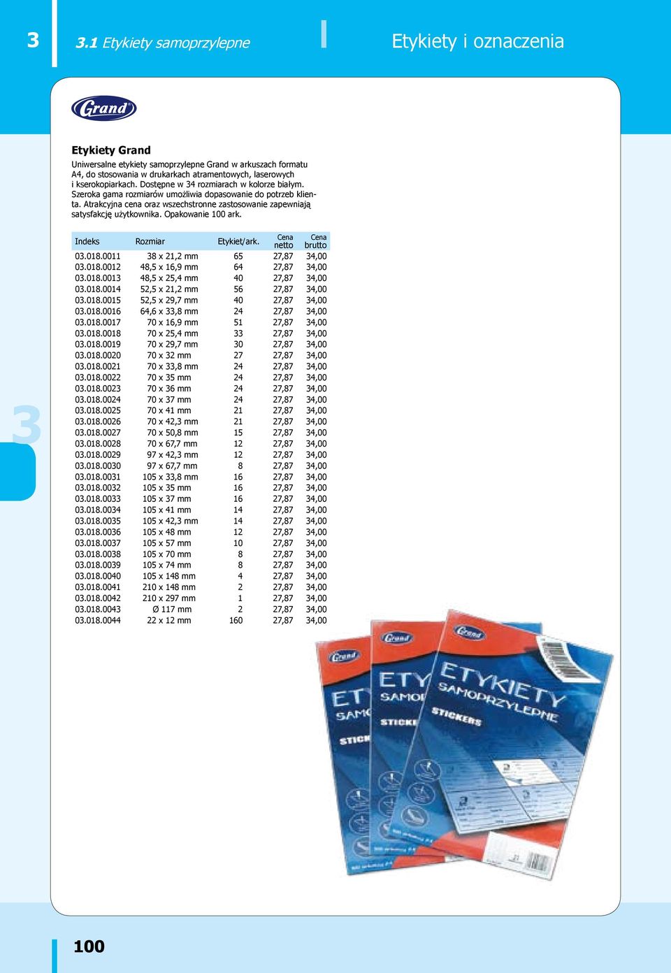 Opakowanie 100 ark. Etykiet/ark. 0.018.0011 8 x 21,2 mm 65 27,87 4,00 0.018.0012 48,5 x 16,9 mm 64 27,87 4,00 0.018.001 48,5 x 25,4 mm 40 27,87 4,00 0.018.0014 52,5 x 21,2 mm 56 27,87 4,00 0.018.0015 52,5 x 29,7 mm 40 27,87 4,00 0.