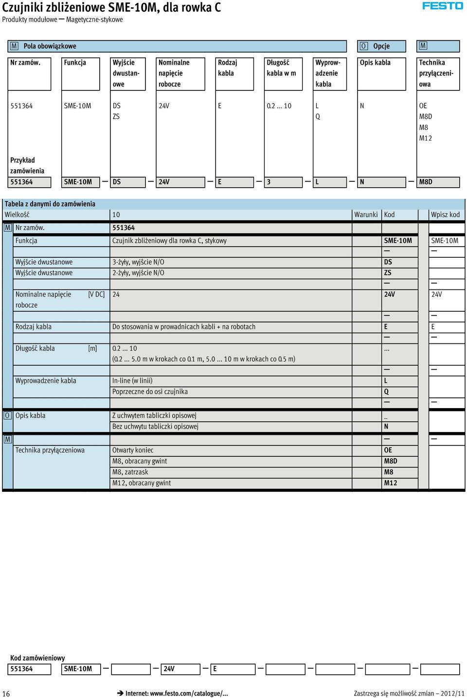 V E 0.2... 10 L Q N OE M8D M8 M12 Przykład zamówienia 551364 SME-10M DS 24V E 3 L N M8D Tabela z danymi do zamówienia Wielkość 10 Warunki Kod Wpisz kod 0M Nr zamów.