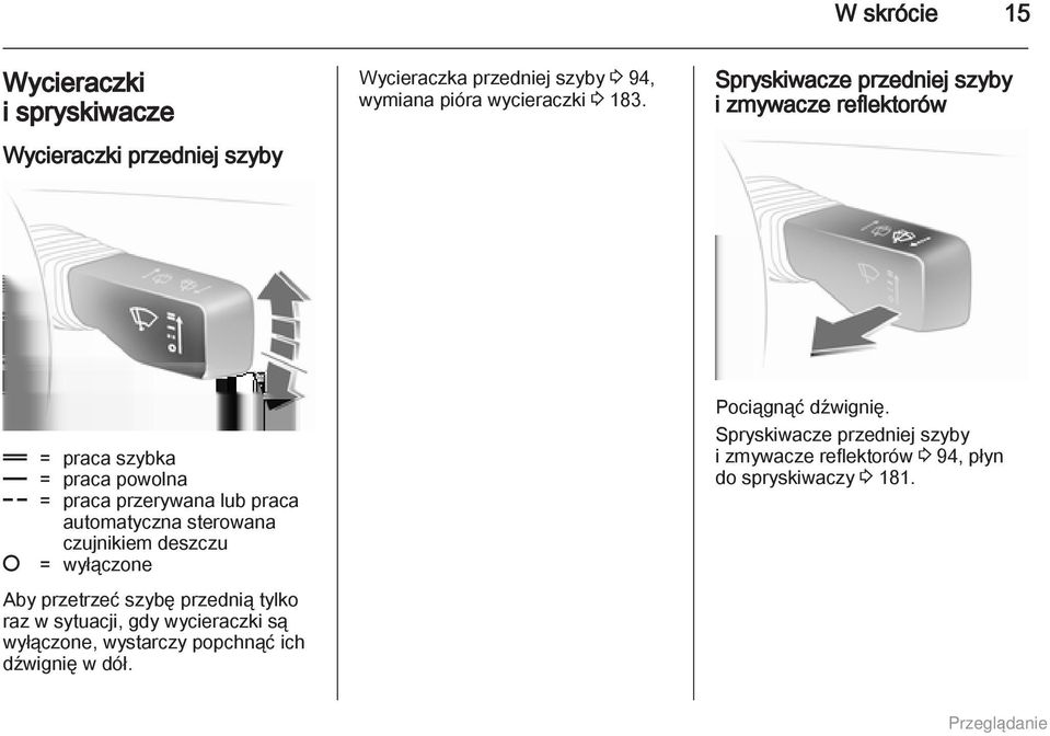 automatyczna sterowana czujnikiem deszczu = wyłączone Aby przetrzeć szybę przednią tylko raz w sytuacji, gdy wycieraczki są