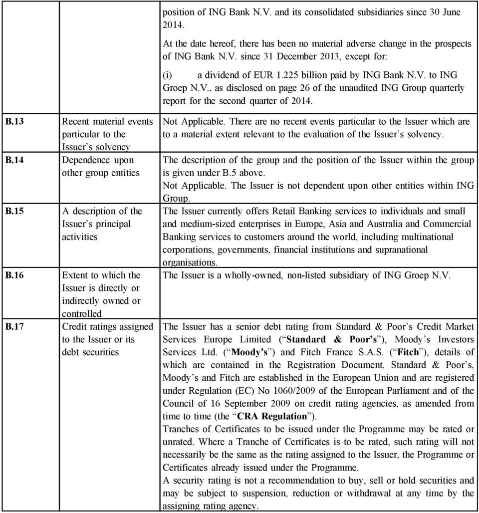 14 Dependence upon other group entities B.15 A description of the Issuer s principal activities B.16 Extent to which the Issuer is directly or indirectly owned or controlled B.