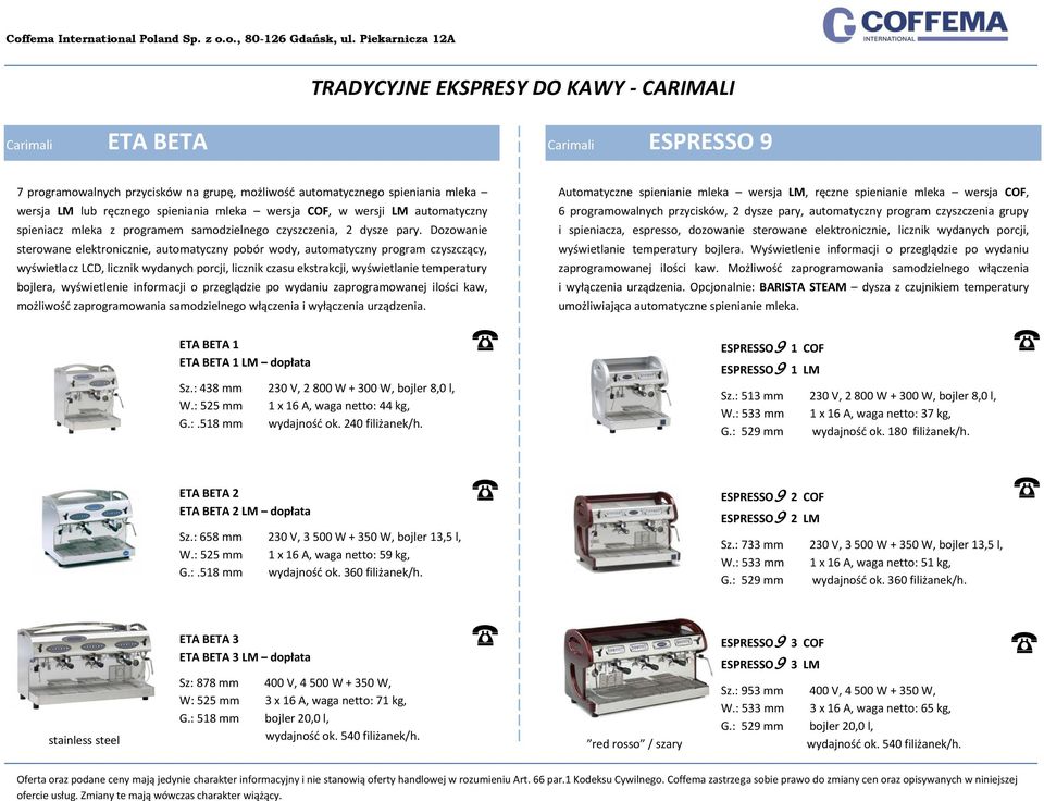 Dozowanie sterowane elektronicznie, automatyczny pobór wody, automatyczny program czyszczący, wyświetlacz LCD, licznik wydanych porcji, licznik czasu ekstrakcji, wyświetlanie temperatury bojlera,