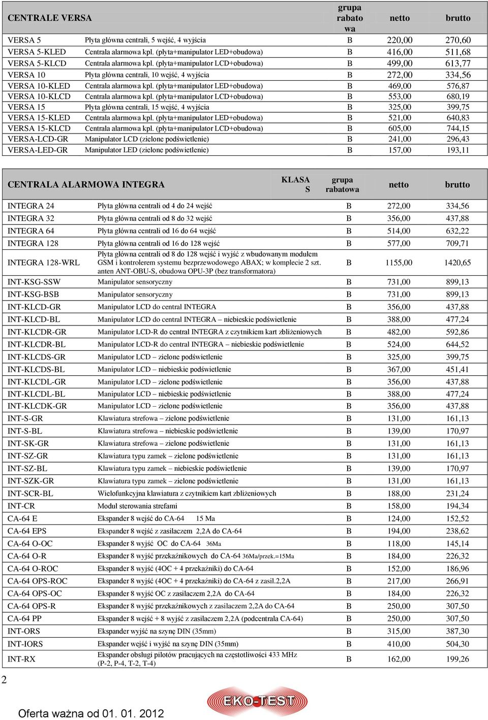 (płyta+manipulator LCD+obudowa) B 499,00 613,77 VERSA 10 Płyta główna centrali, 10 wejść, 4 wyjścia B 272,00 334,56 VERSA 10-KLED Centrala alarmowa kpl.