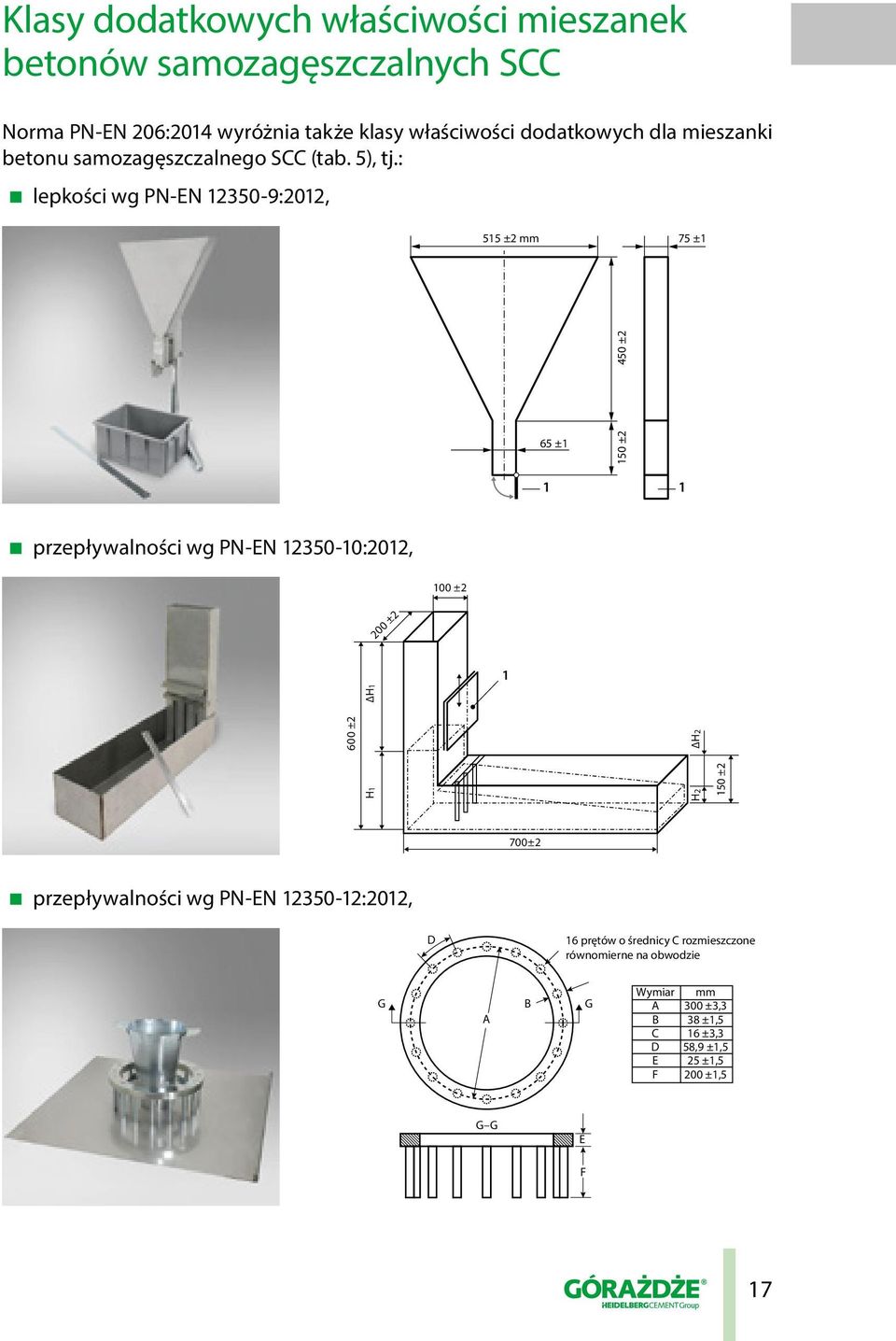 : lepkości wg PN-EN 12350-9:2012, 515 ±2 mm 75 ±1 65 ±1 150 ±2 450 ±2 1 1 przepływalności wg PN-EN 12350-10:2012, 100 ±2 200 ±2 1 600 ±2