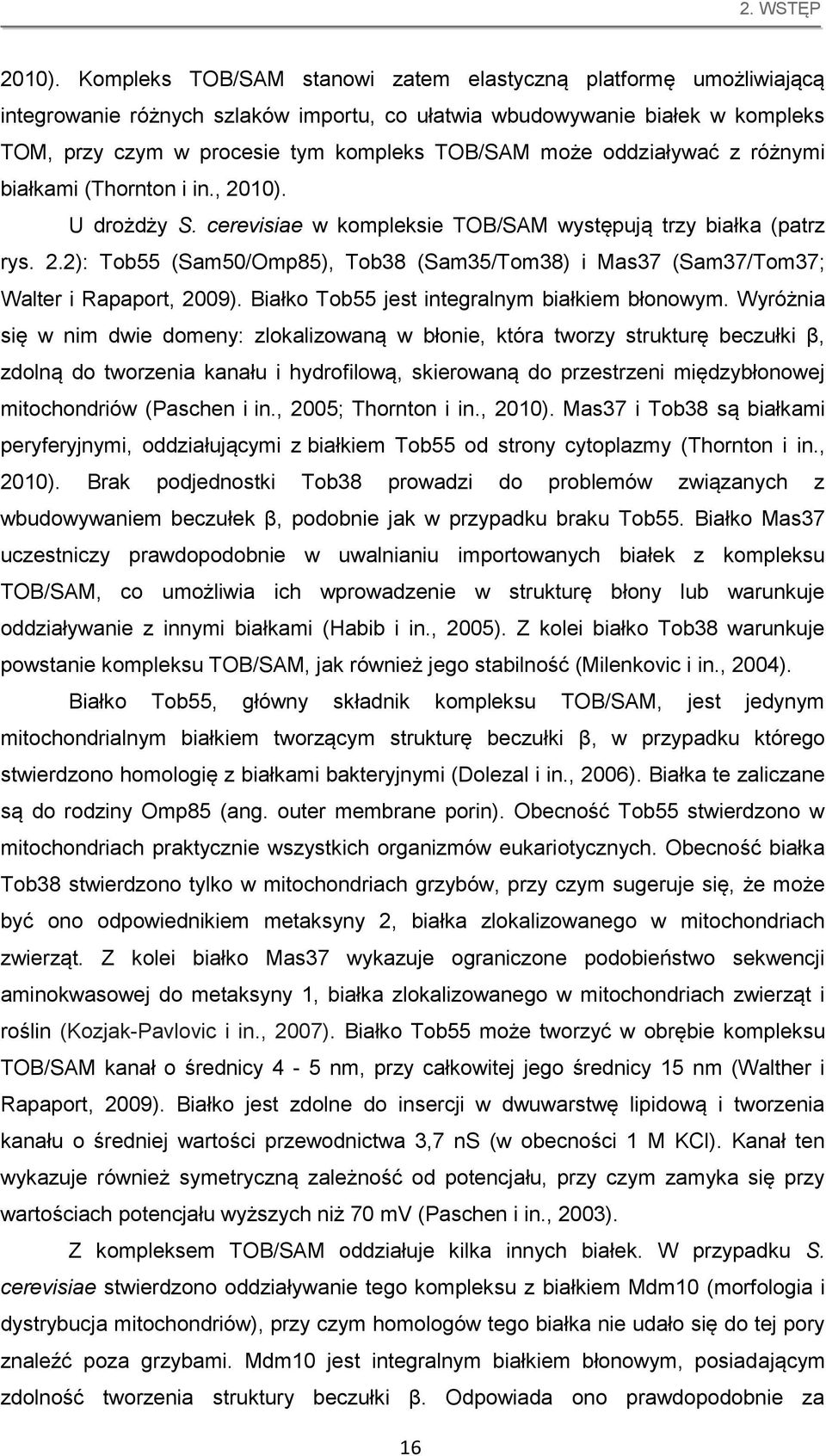 oddziaływać z różnymi białkami (Thornton i in., 2010). U drożdży S. cerevisiae w kompleksie TOB/SAM występują trzy białka (patrz rys. 2.2): Tob55 (Sam50/Omp85), Tob38 (Sam35/Tom38) i Mas37 (Sam37/Tom37; Walter i Rapaport, 2009).