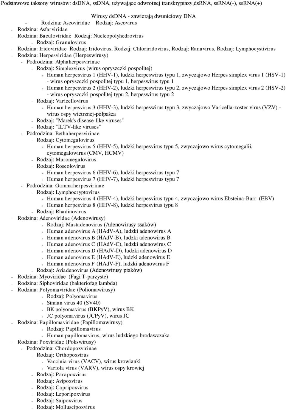 Rodzina: Herpesviridae (Herpeswirusy) Podrodzina: Alphaherpesvirinae Rodzaj: Simplexvirus (wirus opryszczki pospolitej)» Human herpesvirus 1 (HHV-1), ludzki herpeswirus typu 1, zwyczajowo Herpes