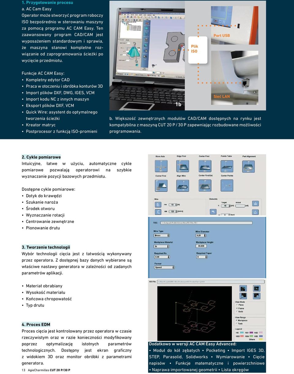 Plik ISO Port USB Funkcje AC CAM Easy: Kompletny edytor CAD Praca w otoczeniu i obróbka konturów 3D Import plików DXF, DWG, IGES, VCM Import kodu NC z innych maszyn Eksport plików DXF, VCM Quick