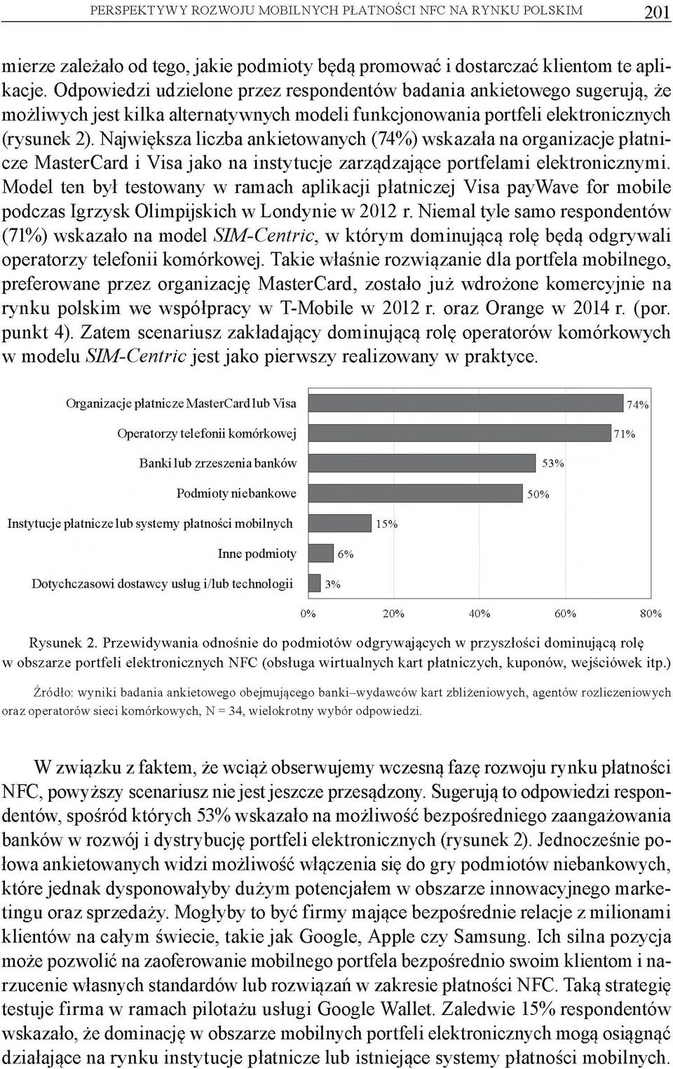 Największa liczba ankietowanych (74%) wskazała na organizacje płatnicze MasterCard i Visa jako na instytucje zarządzające portfelami elektronicznymi.