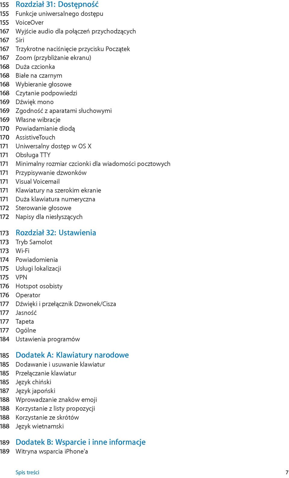 AssistiveTouch 171 Uniwersalny dostęp w OS X 171 Obsługa TTY 171 Minimalny rozmiar czcionki dla wiadomości pocztowych 171 Przypisywanie dzwonków 171 Visual Voicemail 171 Klawiatury na szerokim