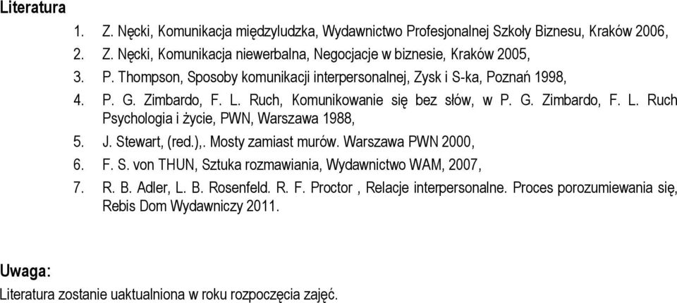 J. Stewart, (red.),. Mosty zamiast murów. Warszawa PWN 2000, 6. F. S. von THUN, Sztuka rozmawiania, Wydawnictwo WAM, 2007, 7. R. B. Adler, L. B. Rosenfeld. R. F. Proctor, Relacje interpersonalne.