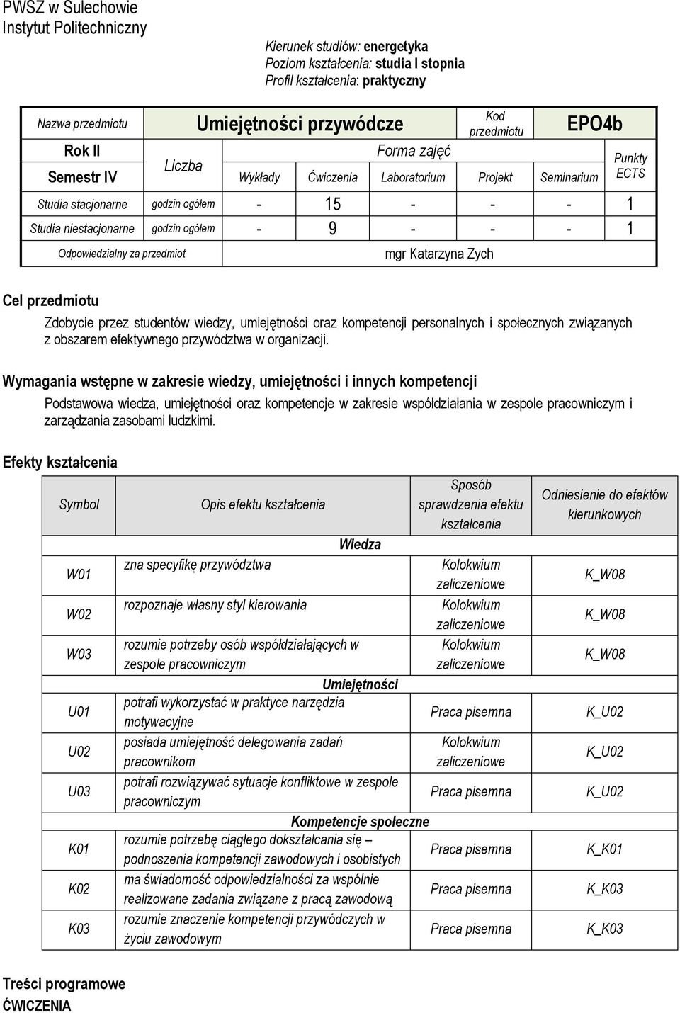 Odpowiedzialny za przedmiot mgr Katarzyna Zych Punkty ECTS Cel przedmiotu Zdobycie przez studentów wiedzy, umiejętności oraz kompetencji personalnych i społecznych związanych z obszarem efektywnego