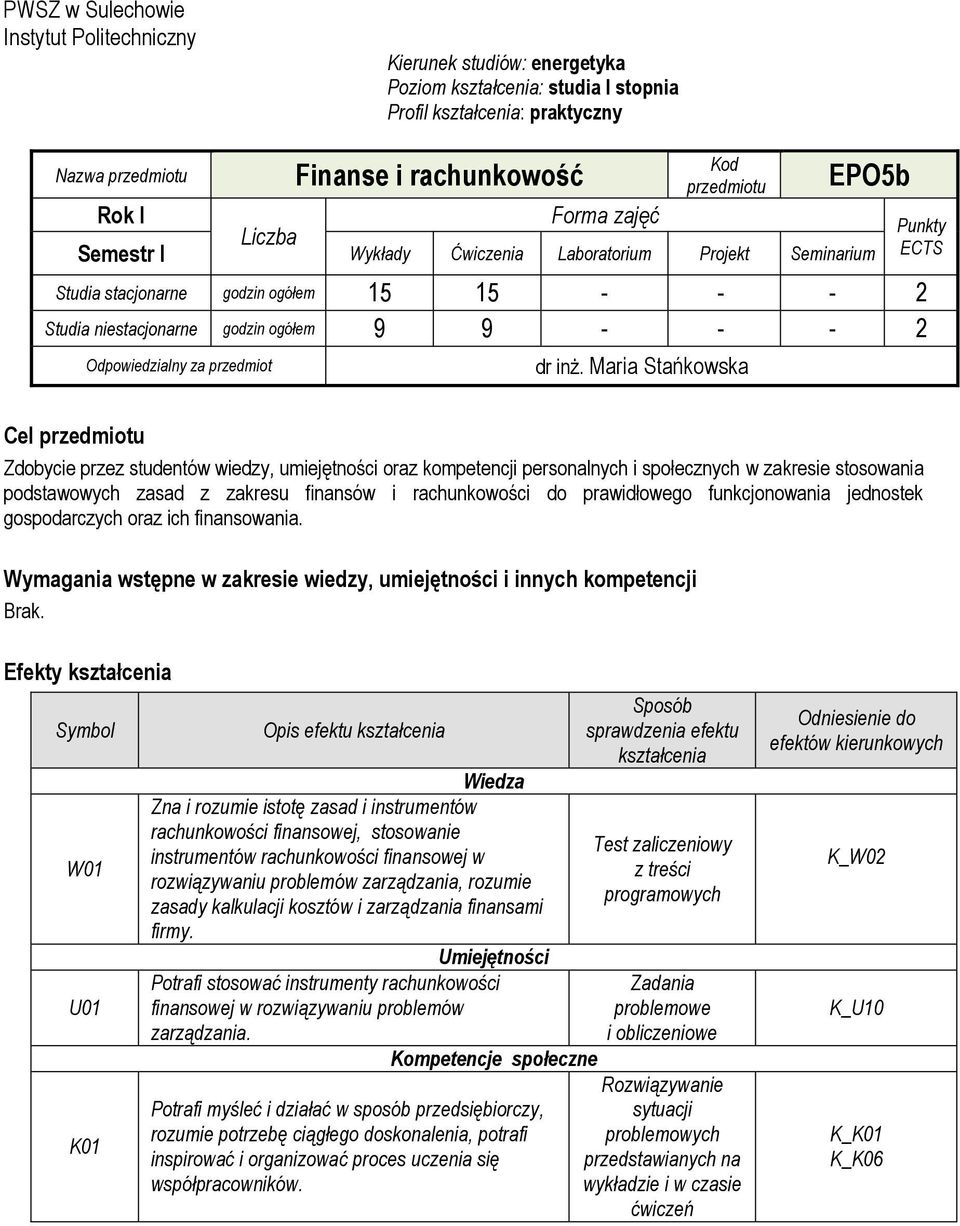 przedmiot dr inż.