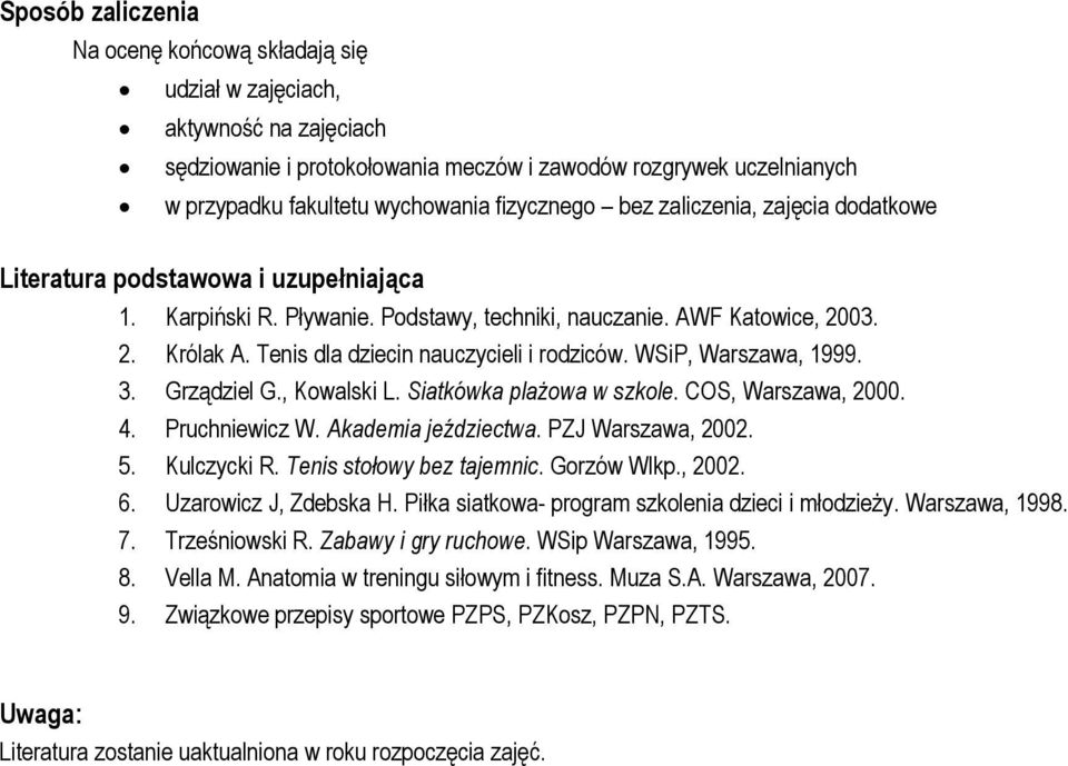 Tenis dla dziecin nauczycieli i rodziców. WSiP, Warszawa, 1999. 3. Grządziel G., Kowalski L. Siatkówka plażowa w szkole. COS, Warszawa, 2000. 4. Pruchniewicz W. Akademia jeździectwa.