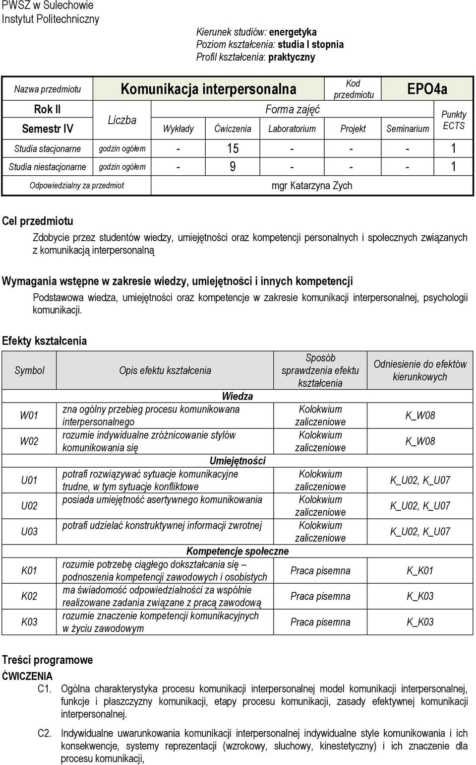 Odpowiedzialny za przedmiot mgr Katarzyna Zych Punkty ECTS Cel przedmiotu Zdobycie przez studentów wiedzy, umiejętności oraz kompetencji personalnych i społecznych związanych z komunikacją