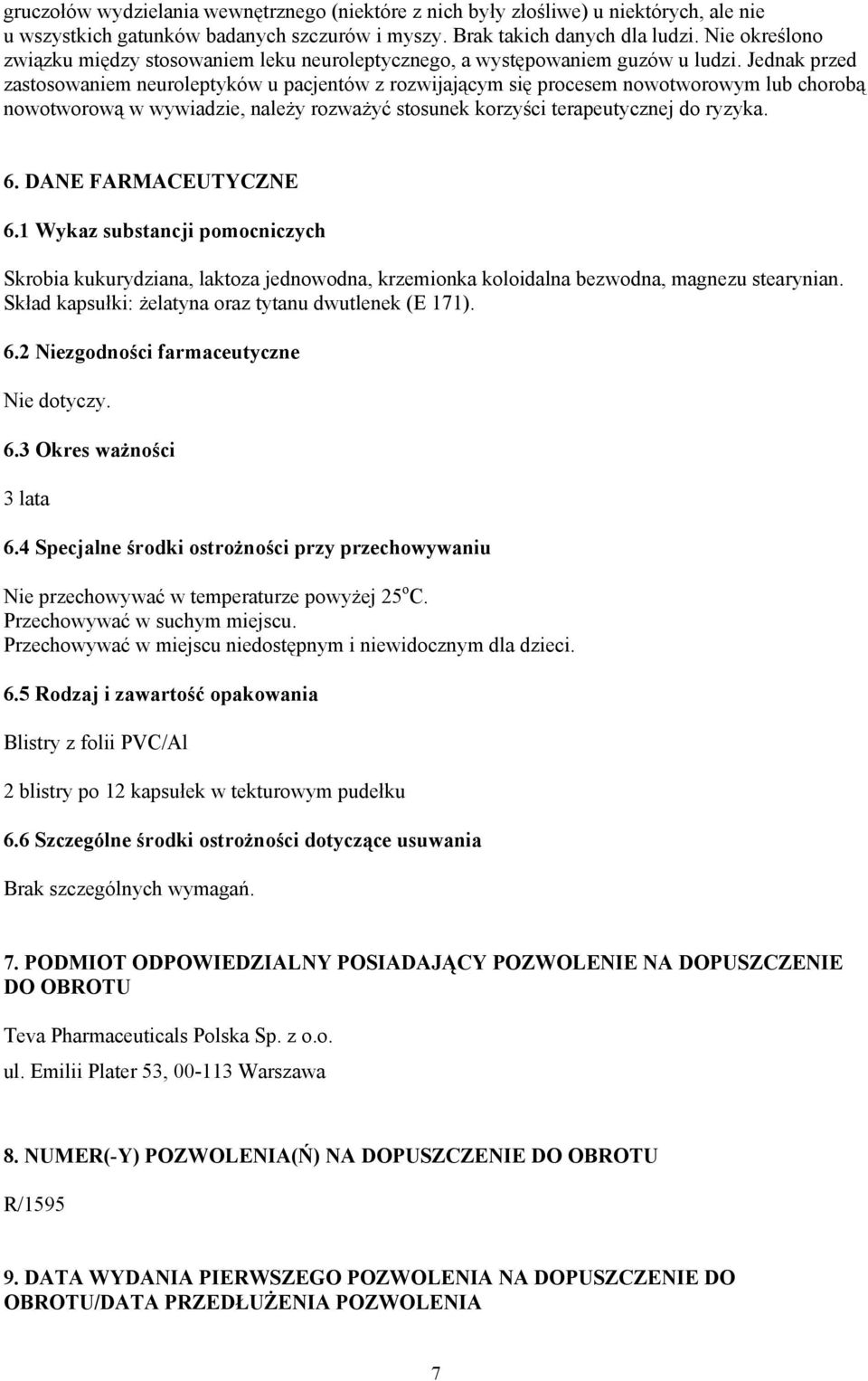 Jednak przed zastosowaniem neuroleptyków u pacjentów z rozwijającym się procesem nowotworowym lub chorobą nowotworową w wywiadzie, należy rozważyć stosunek korzyści terapeutycznej do ryzyka. 6.