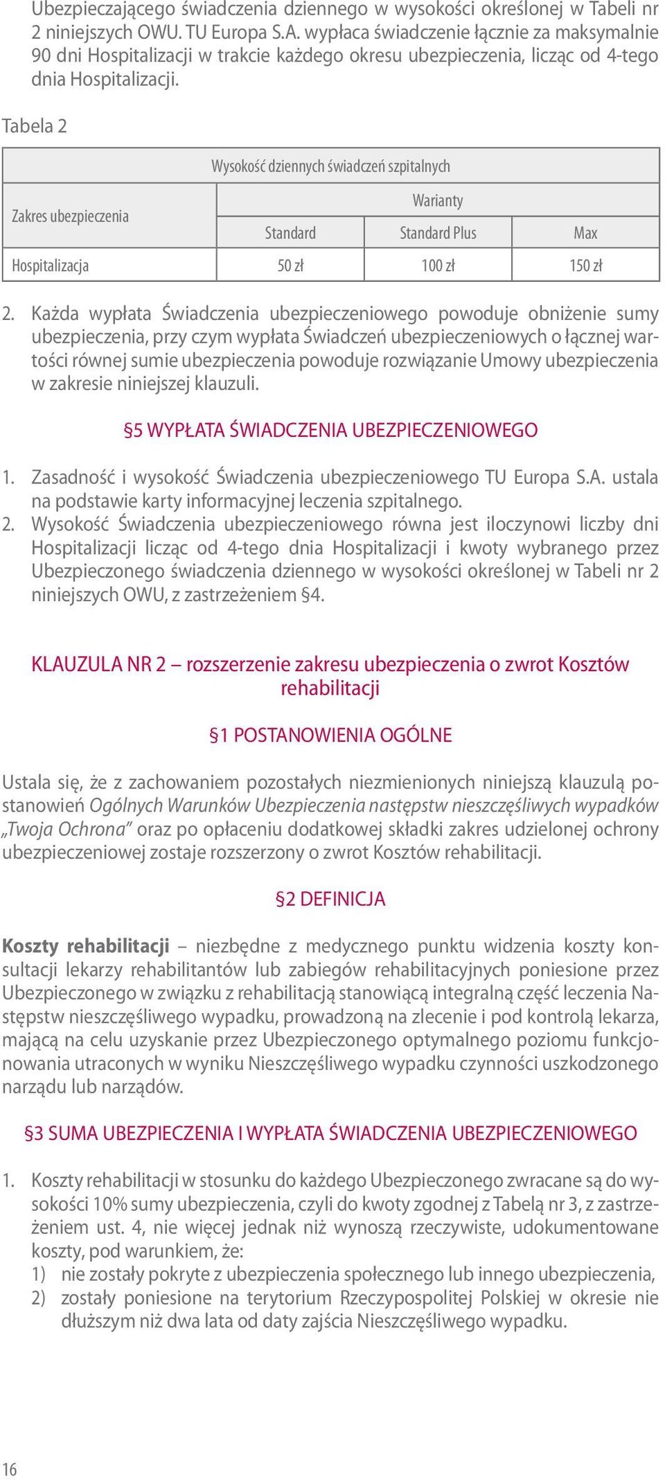 Tabela 2 Zakres ubezpieczenia Wysokość dziennych świadczeń szpitalnych Warianty Standard Standard Plus Max Hospitalizacja 50 zł 100 zł 150 zł 2.