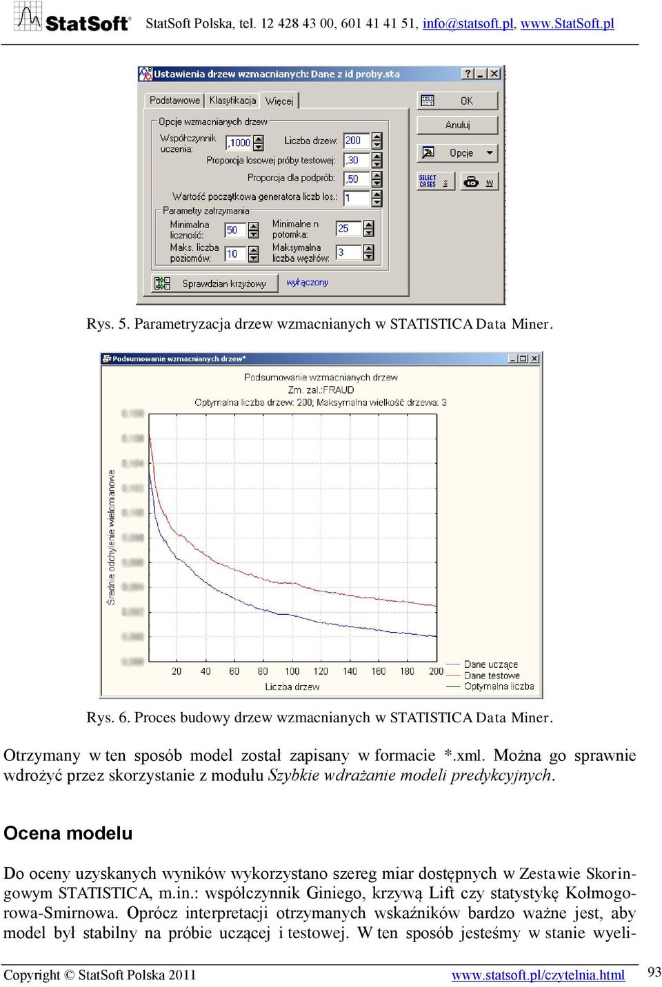 Ocena modelu Do oceny uzyskanych wyników wykorzystano szereg miar dostępnych w Zestawie Skoringowym STATISTICA, m.in.: współczynnik Giniego, krzywą Lift czy statystykę Kołmogorowa-Smirnowa.