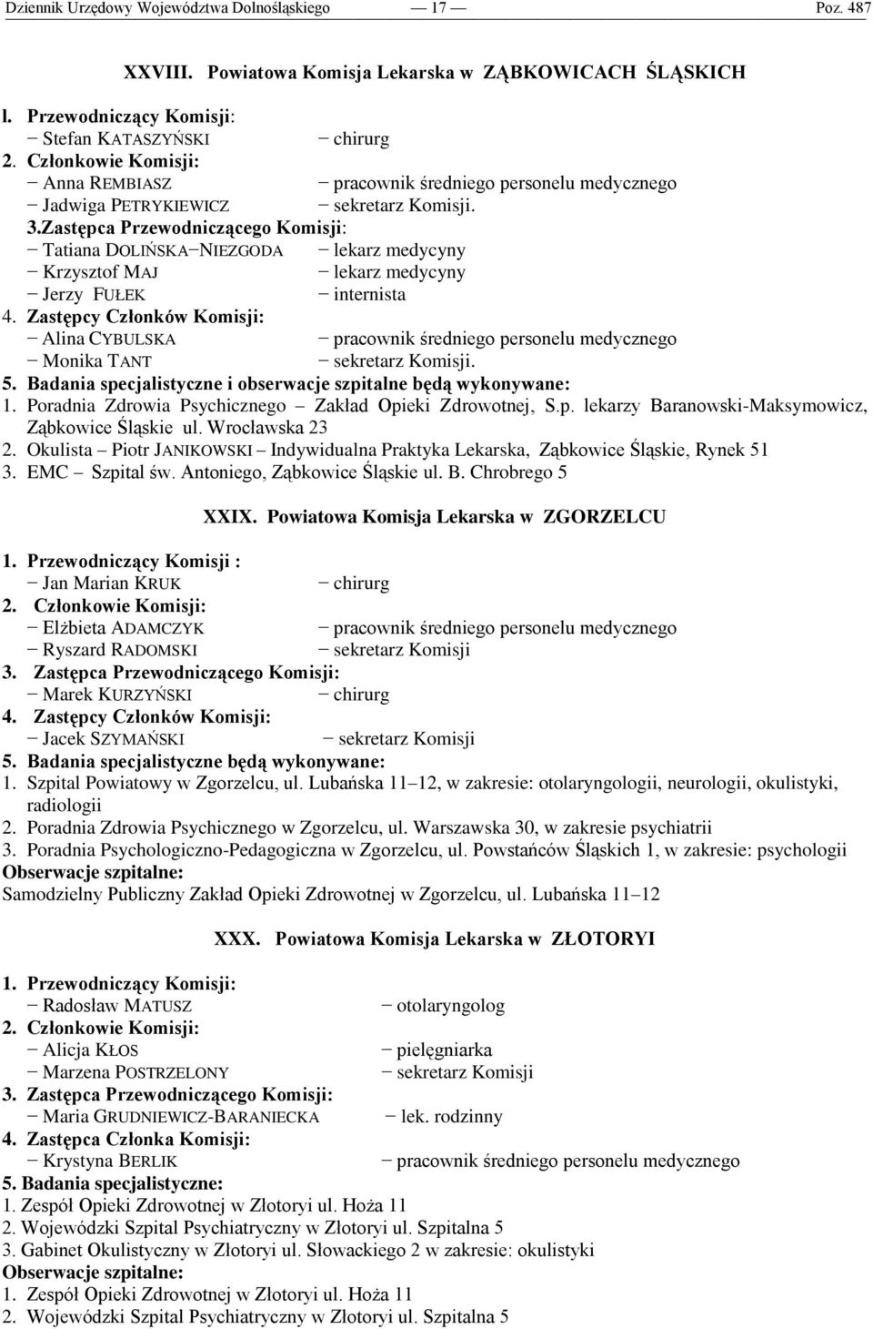 Badania specjalistyczne i obserwacje szpitalne będą wykonywane: 1. Poradnia Zdrowia Psychicznego Zakład Opieki Zdrowotnej, S.p. lekarzy Baranowski-Maksymowicz, Ząbkowice Śląskie ul. Wrocławska 23 2.