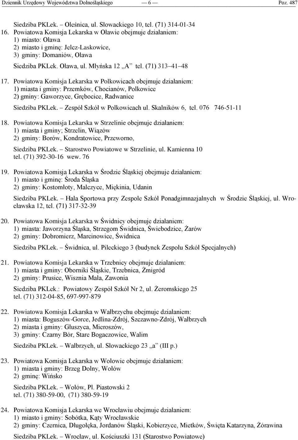 Powiatowa Komisja Lekarska w Polkowicach obejmuje działaniem: 1) miasta i gminy: Przemków, Chocianów, Polkowice 2) gminy: Gaworzyce, Grębocice, Radwanice Siedziba PKLek. Zespół Szkół w Polkowicach ul.