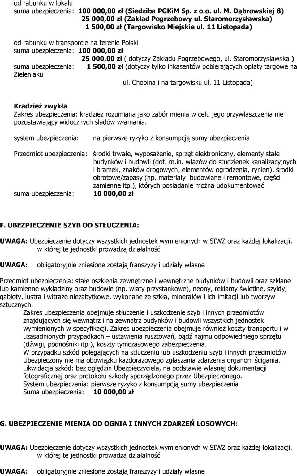 Staromorzysławska ) suma ubezpieczenia: 1 500,00 zł (dotyczy tylko inkasentów pobierających opłaty targowe na Zieleniaku ul. Chopina i na targowisku ul.