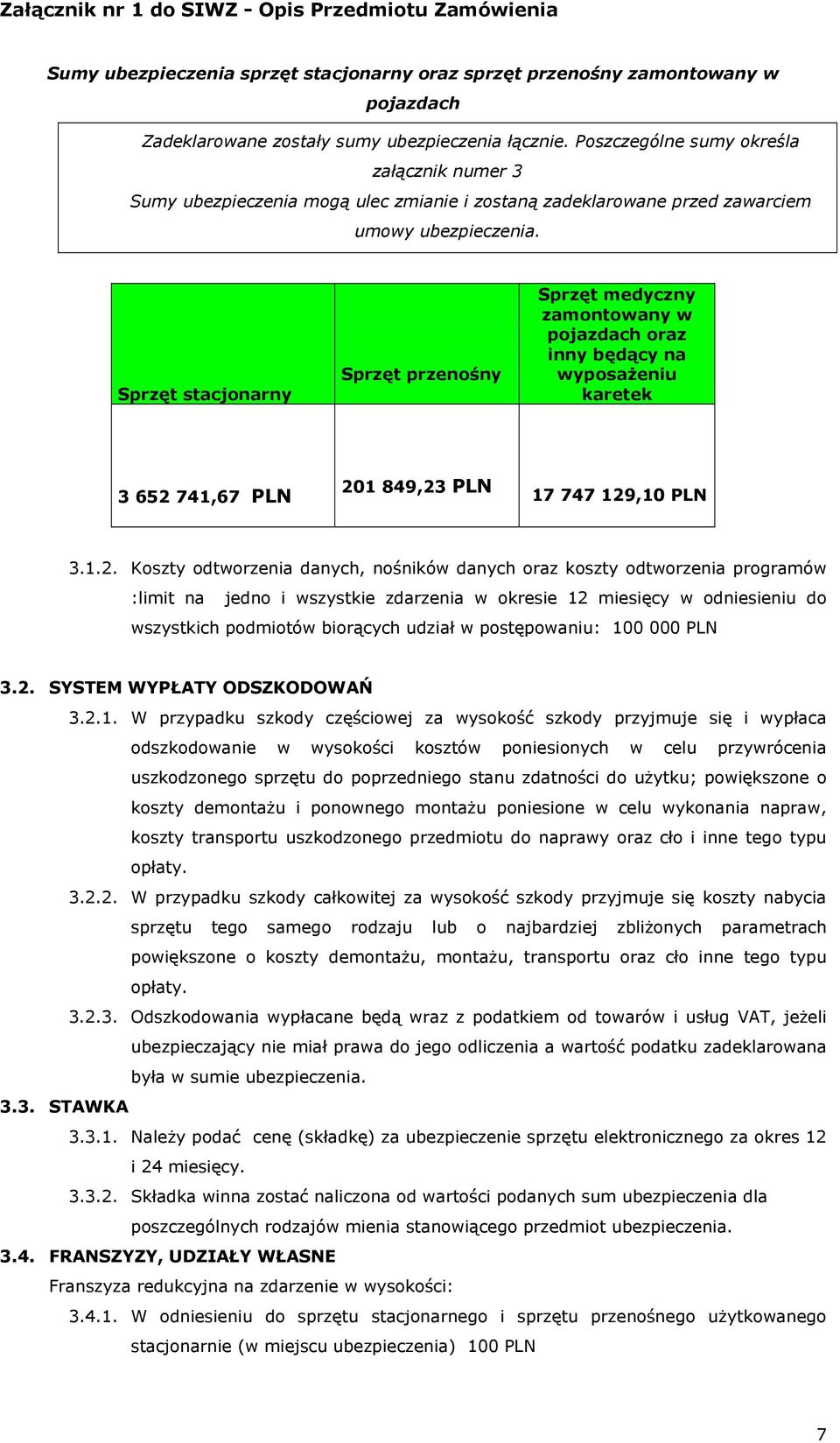 Sprzęt stacjonarny Sprzęt przenośny Sprzęt medyczny zamontowany w pojazdach oraz inny będący na wyposażeniu karetek 3 652 